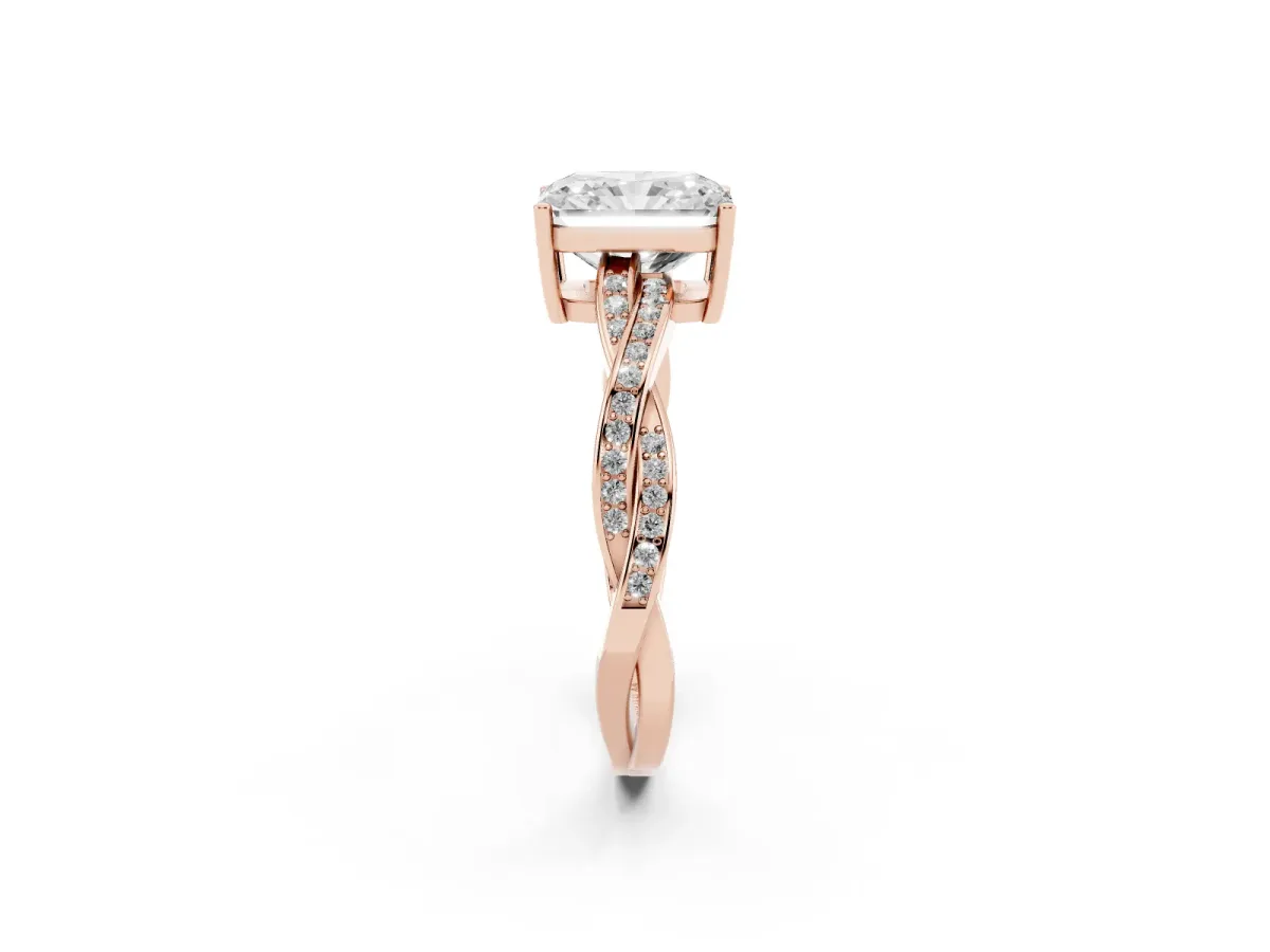 Radiant Cut Solitaire Twisted Pave Diamond Ring with Four-Prong Setting Rose gold
