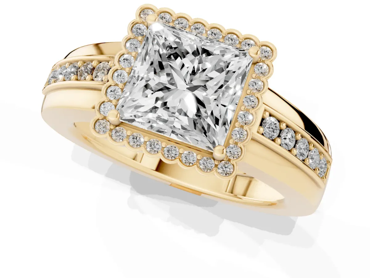 Princess Cut Cut Halo Pave Band Four-Prong Ring Yellow gold