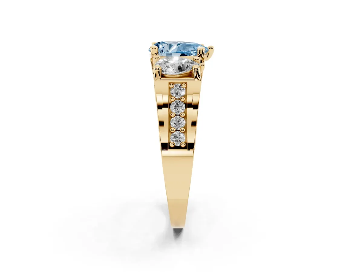 Fancy Blue Pear Cut Diamond Three-Stone Ring with Channel Set Band and Four-Prong Setting Yellow gold