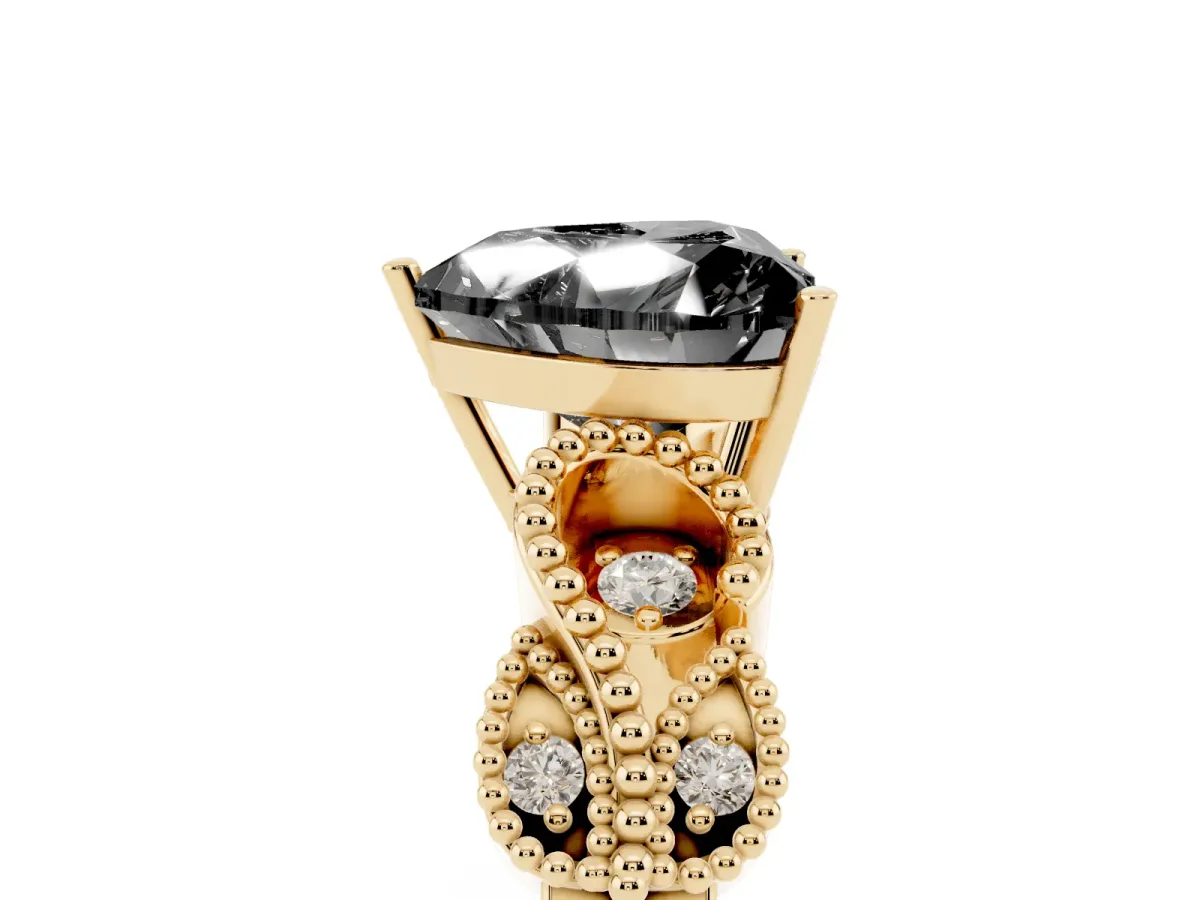 Fancy Black Heart Cut Solitaire Milgrain Leaf Band with Prong Setting Yellow gold
