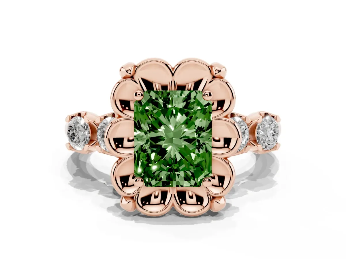 Fancy Green Radiant Cut Cut Diamond Floral Halo Engagement Ring with Shared Prong Setting Rose gold
