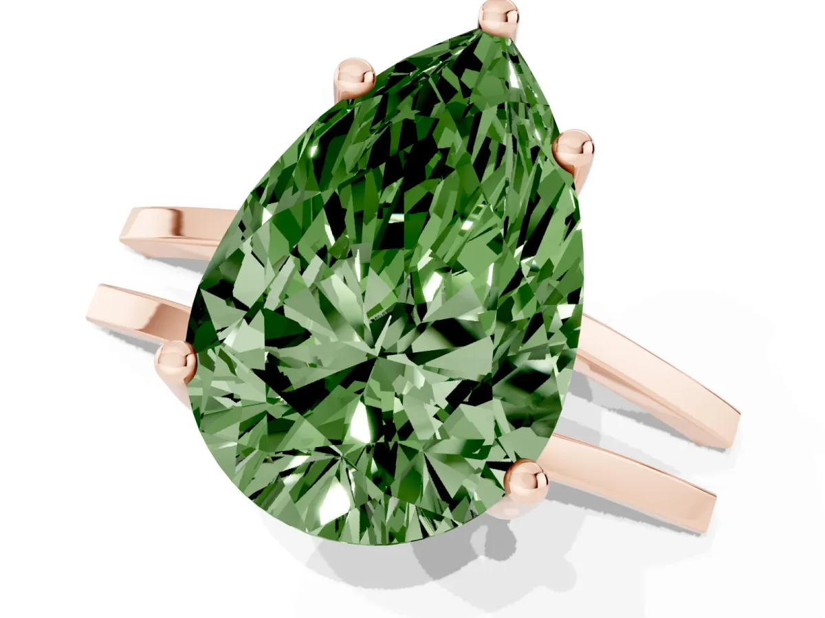 Fancy Green Pear Cut Cut Diamond Solitaire Engagement Ring with Tapered Plain Band and Four-Prong Setting Rose gold