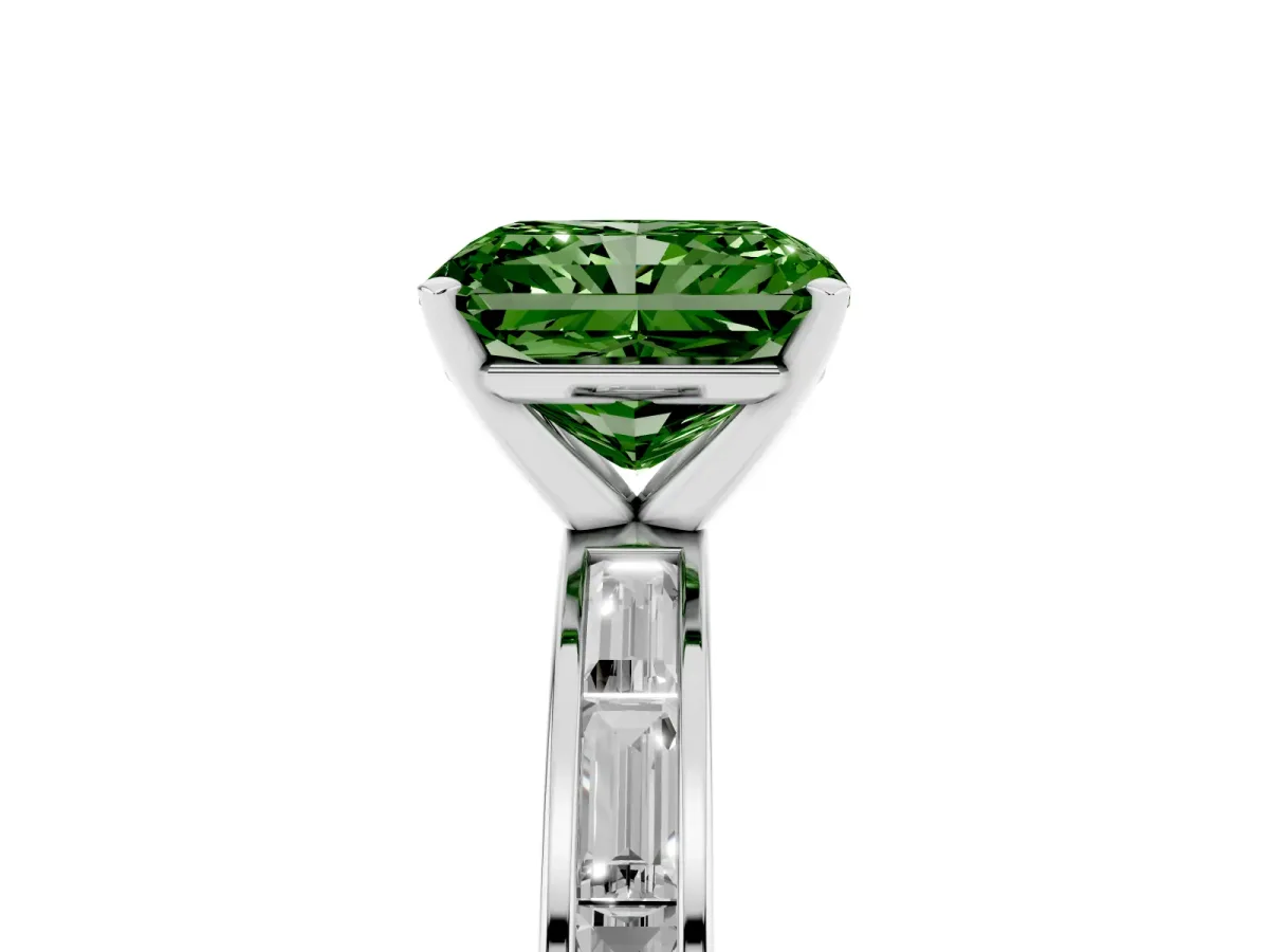 Fancy Green Radiant Cut Solitaire Diamond Ring with Channel-Set Baguette Band and Four-Prong Setting Silver
