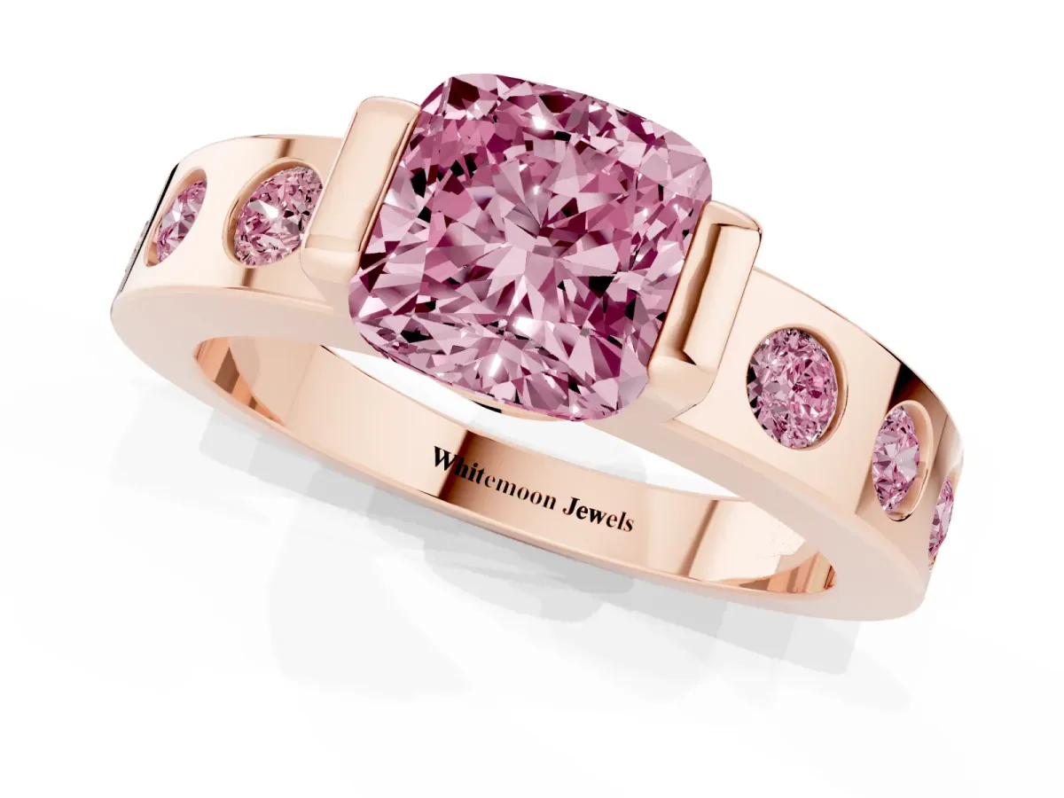 Fancy Pink Cushion Cut Brilliant Channel-Set Diamond Ring with Bezel Prong Setting Rose gold