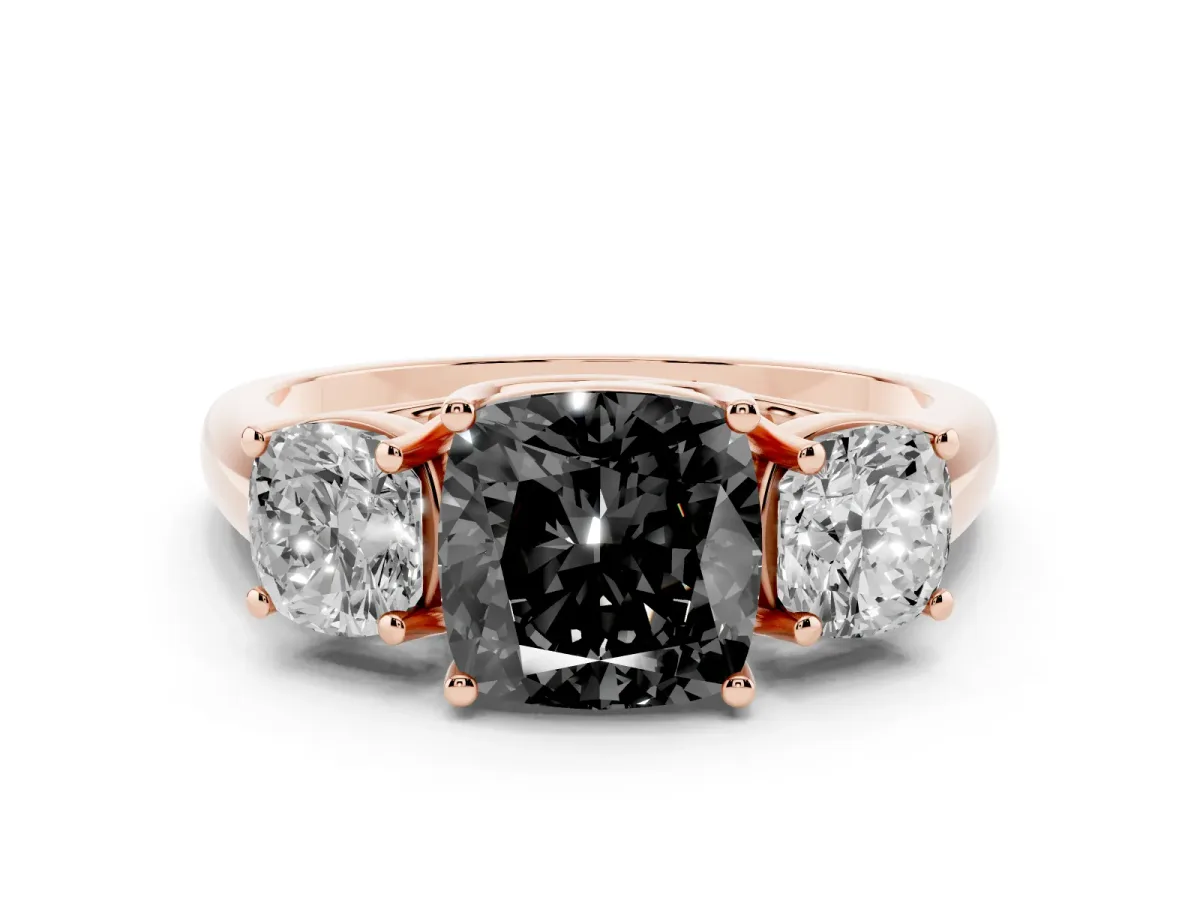 Fancy Black Three-Stone Cushion Cut Diamond Engagement Ring with Prong Setting Rose gold