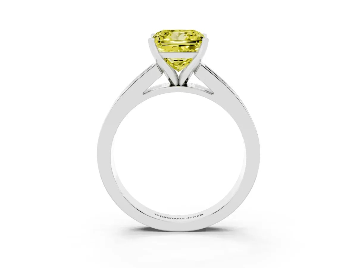 Fancy Yellow Princess Cut Solitaire Diamond Ring with Channel-Set Band and Four-Prong Setting Silver
