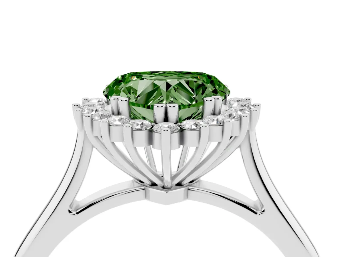 Fancy Green Heart Cut Cut Diamond Halo Ring with Solitaire Band and Prong Setting Platinum