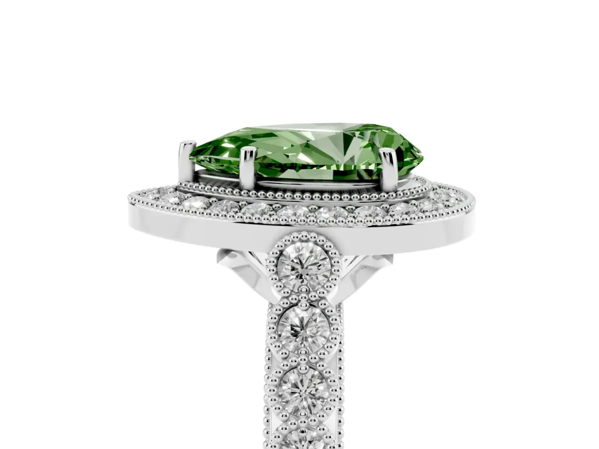 Fancy Green Pear Cut Halo Milgrain Solitaire with Bezel Set Side Stones and Pave Band Silver