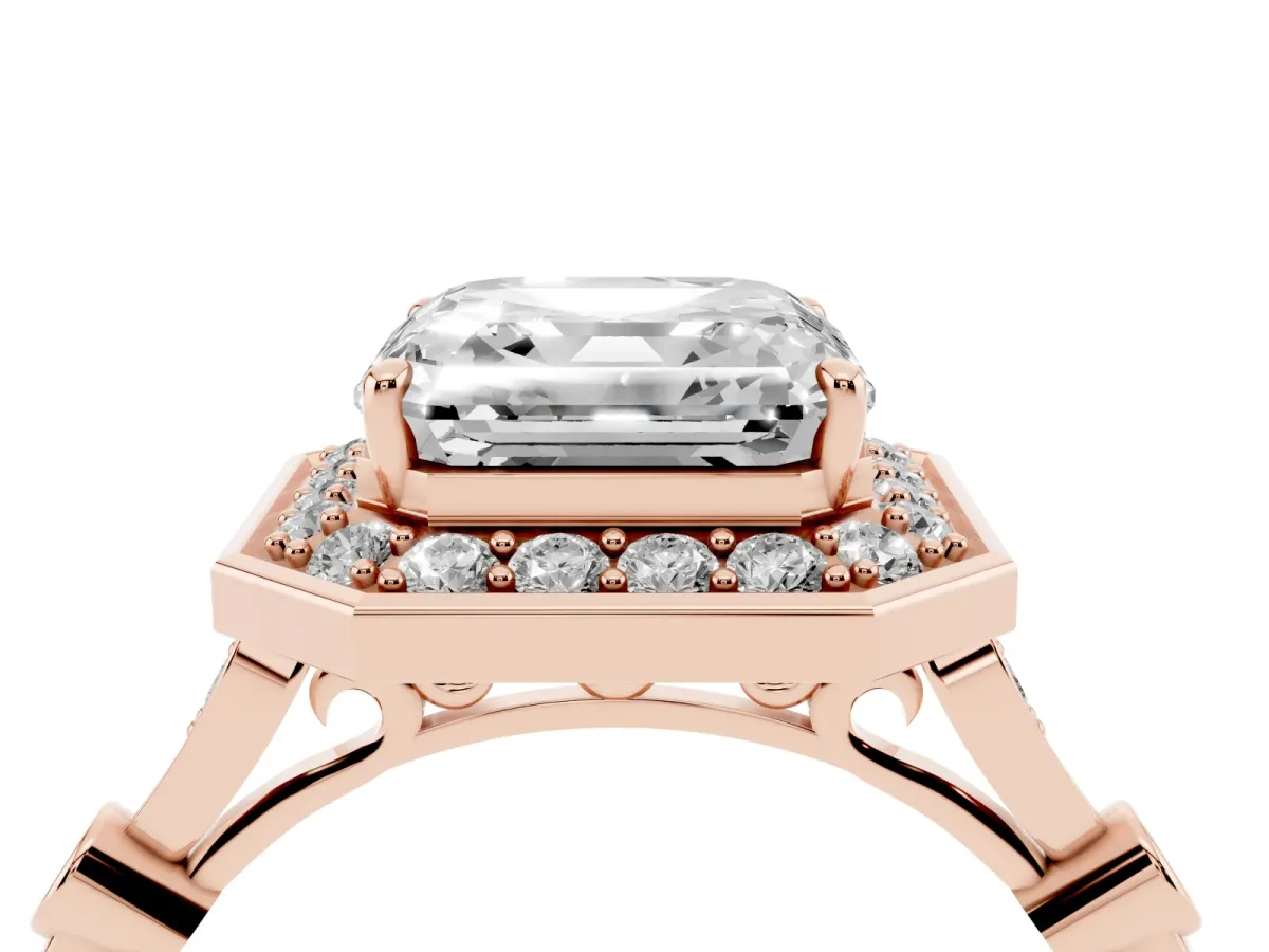 Asscher Cut Halo Diamond Engagement Ring with Twisted Band and Four-Prong Setting Rose gold