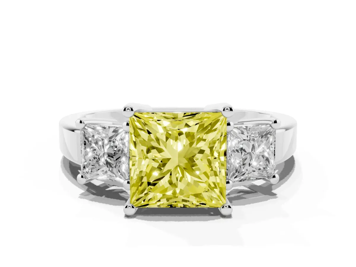 Fancy Yellow Three-Stone Princess Cut Cut Solitaire Ring with Prong Setting Silver
