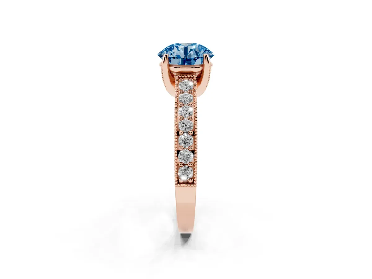 Fancy Blue Round Cut Cut Diamond Solitaire Ring with Milgrain Pave Band and Four Prong Setting Rose gold