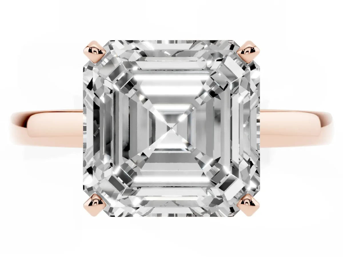 Asscher Cut Solitaire Diamond Engagement Ring with Four-Prong Setting on a Classic Band Rose gold