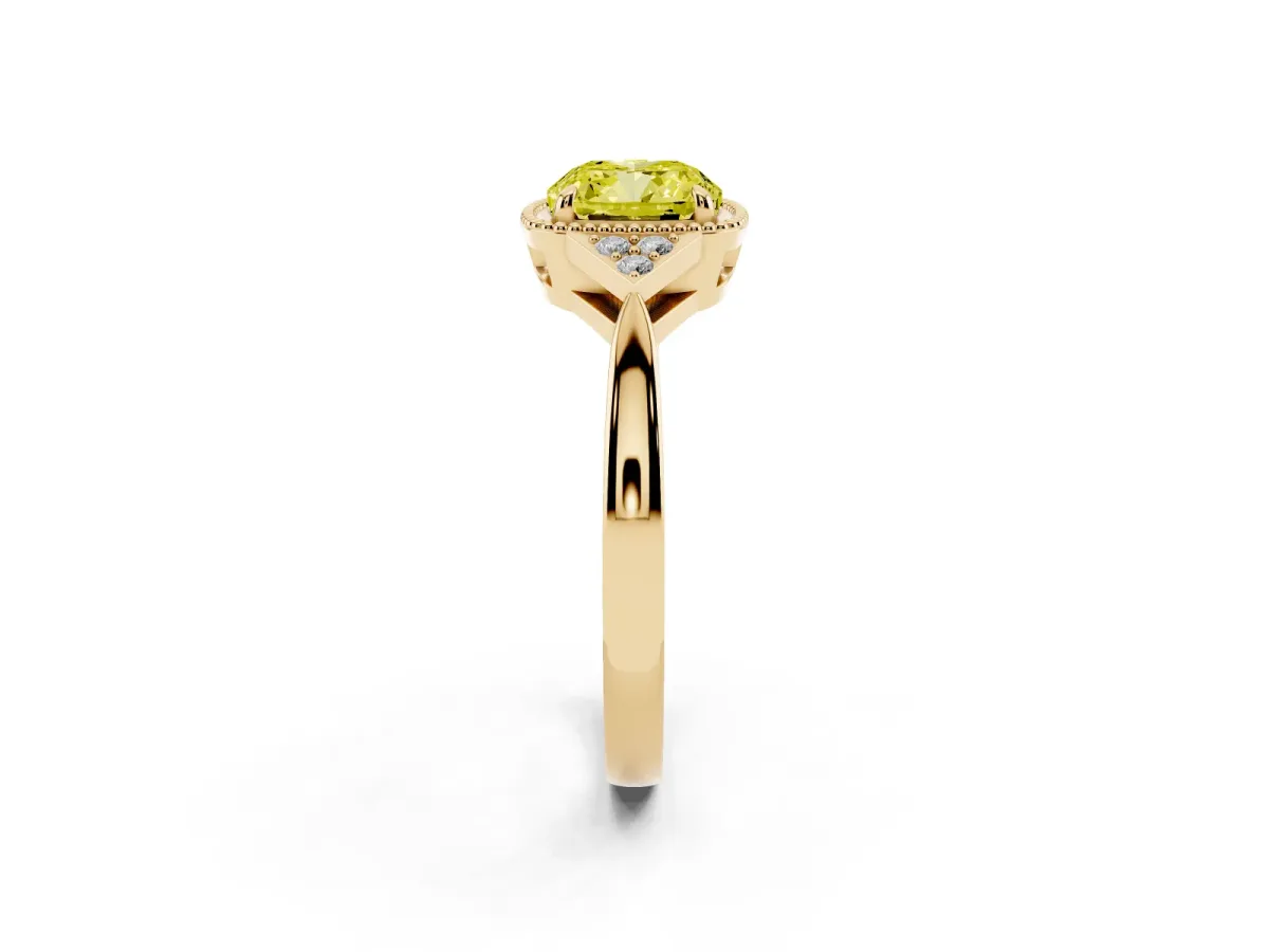 Fancy Yellow Hexagonal Halo Cushion Cut Diamond Solitaire with Pavé Band and Four-Prong Setting Yellow gold