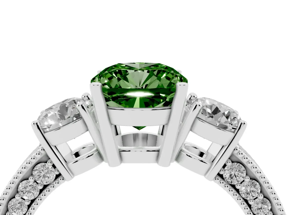 Fancy Green Cushion Cut Three-Stone Diamond Ring with Pavé Band and Four-Prong Setting Silver