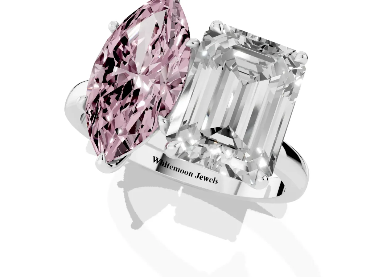 Fancy Pink Marquise Cut and Emerald Cut Toi Moi Ring with Prong Setting Silver