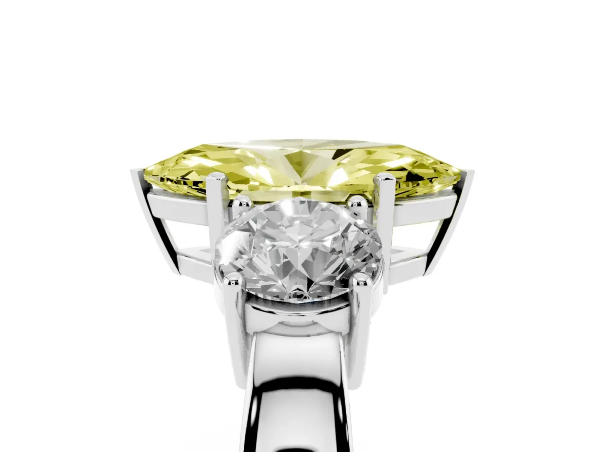 Fancy Yellow Three-Stone Marquise Cut Diamond Ring with Round Side Stones, Classic Band, and Four-Prong Setting White gold