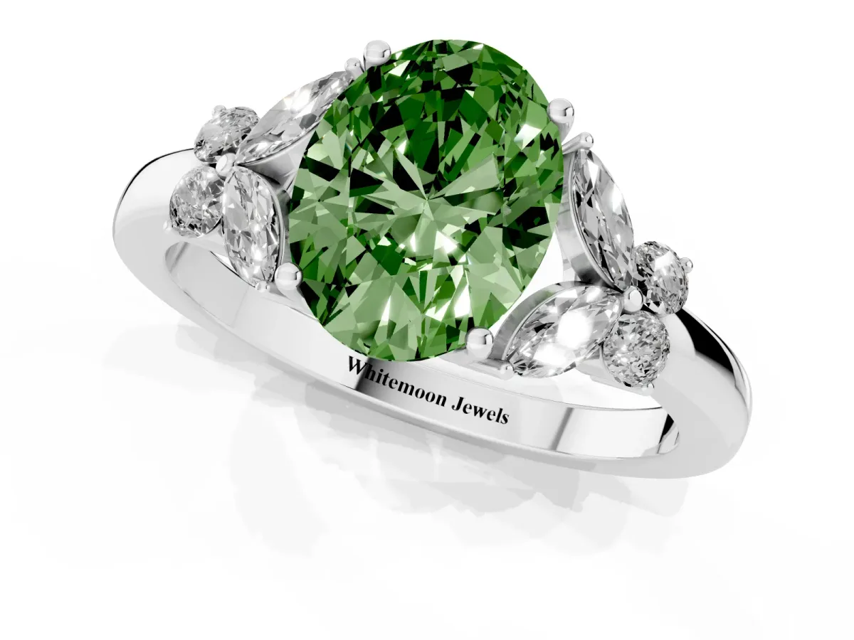 Fancy Green Oval Cut Cut Solitaire Floral Diamond Ring with Four-Prong Setting Platinum