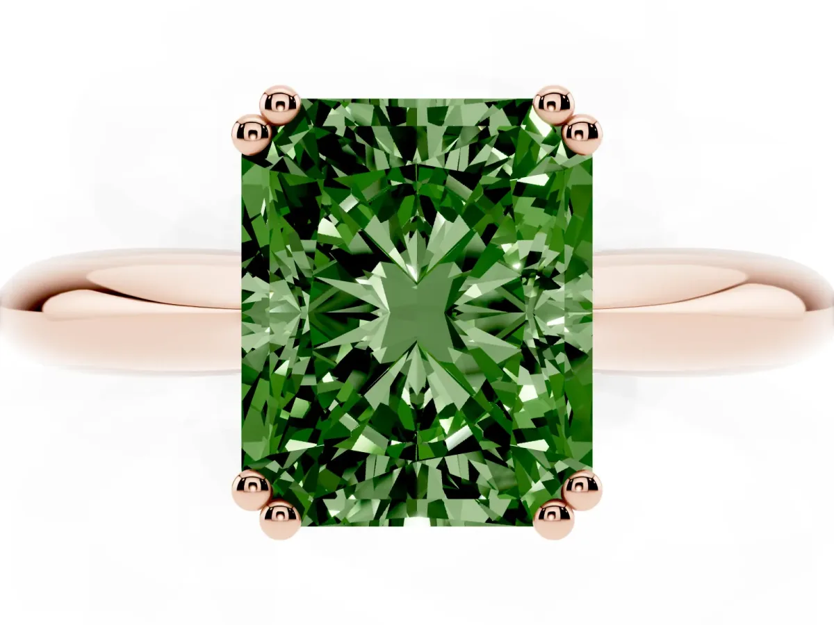 Fancy Green Radiant Cut Cut Solitaire Engagement Ring with Tapered Band and Four-Prong Setting Rose gold