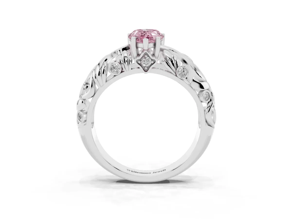Fancy Pink Pear Cut Solitaire Diamond Leaf-Inspired Vine Band Ring with Prong Setting Silver