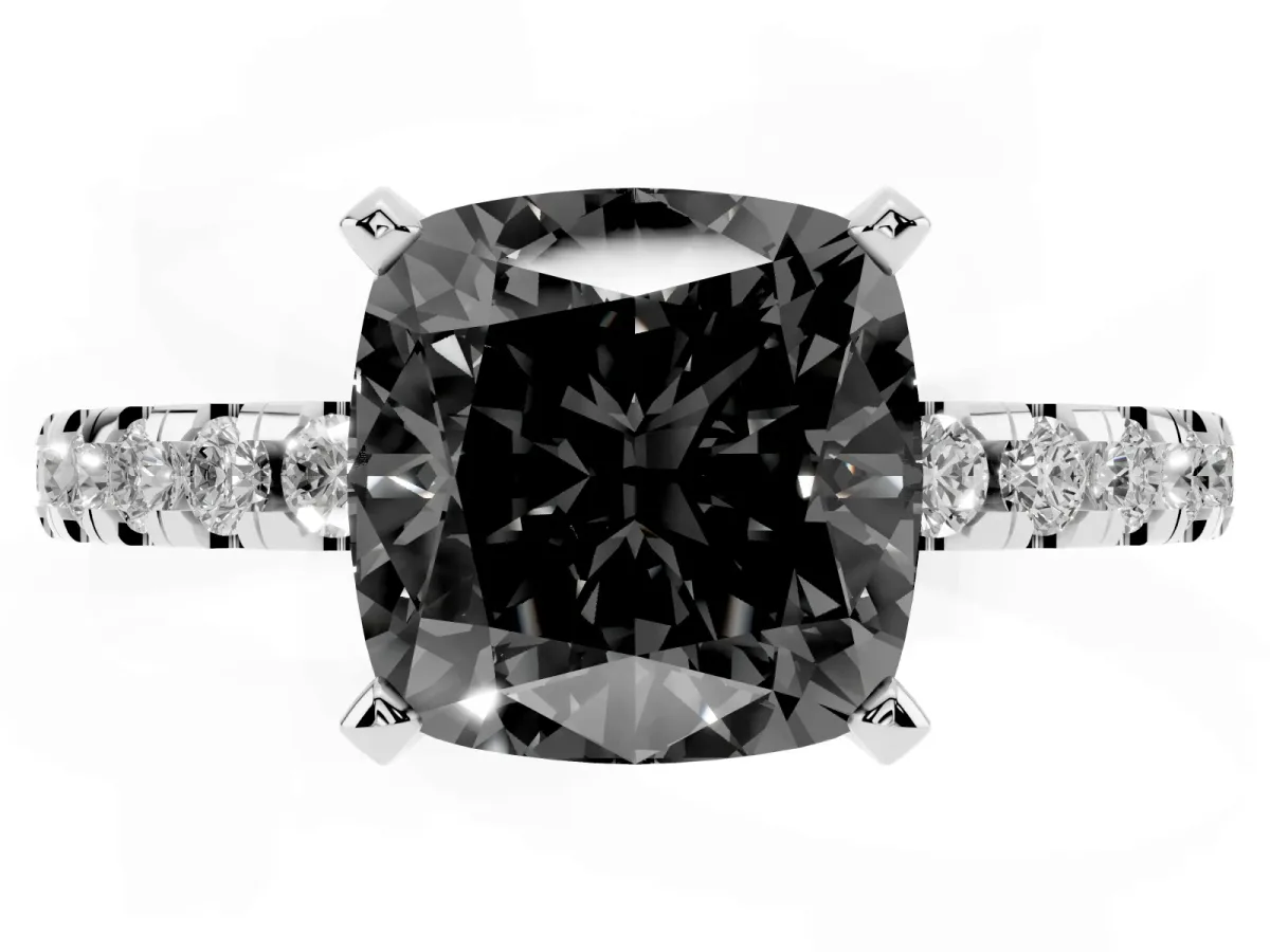 Fancy Black Cushion Cut Diamond Solitaire Ring with Round Pavé Band and Four-Prong Setting Silver