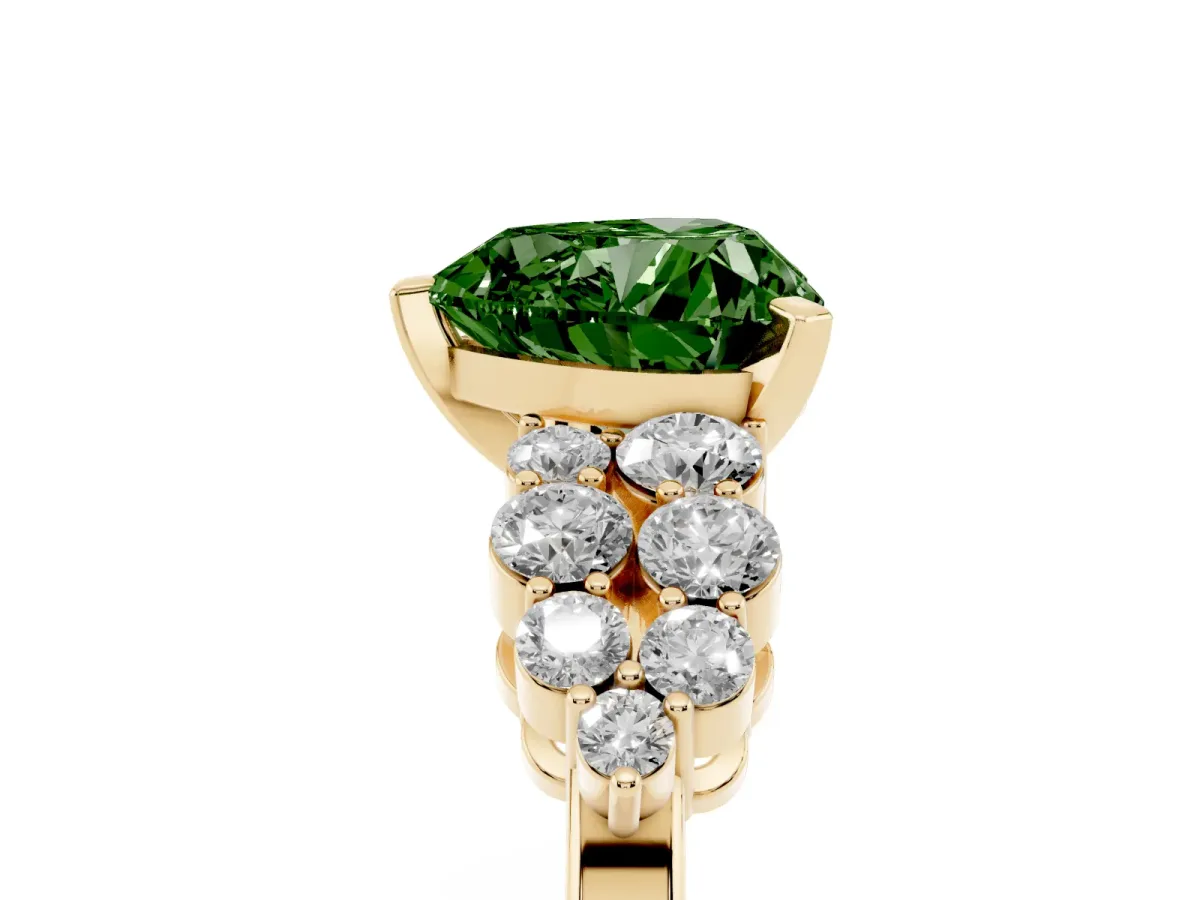 Fancy Green Heart Cut Cluster Diamond Engagement Ring with Pavé Band and Four-Prong Setting Yellow gold