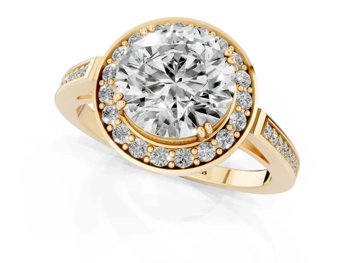 Round Cut Diamond Halo Ring with Split Shank and Four-Prong Setting Yellow gold