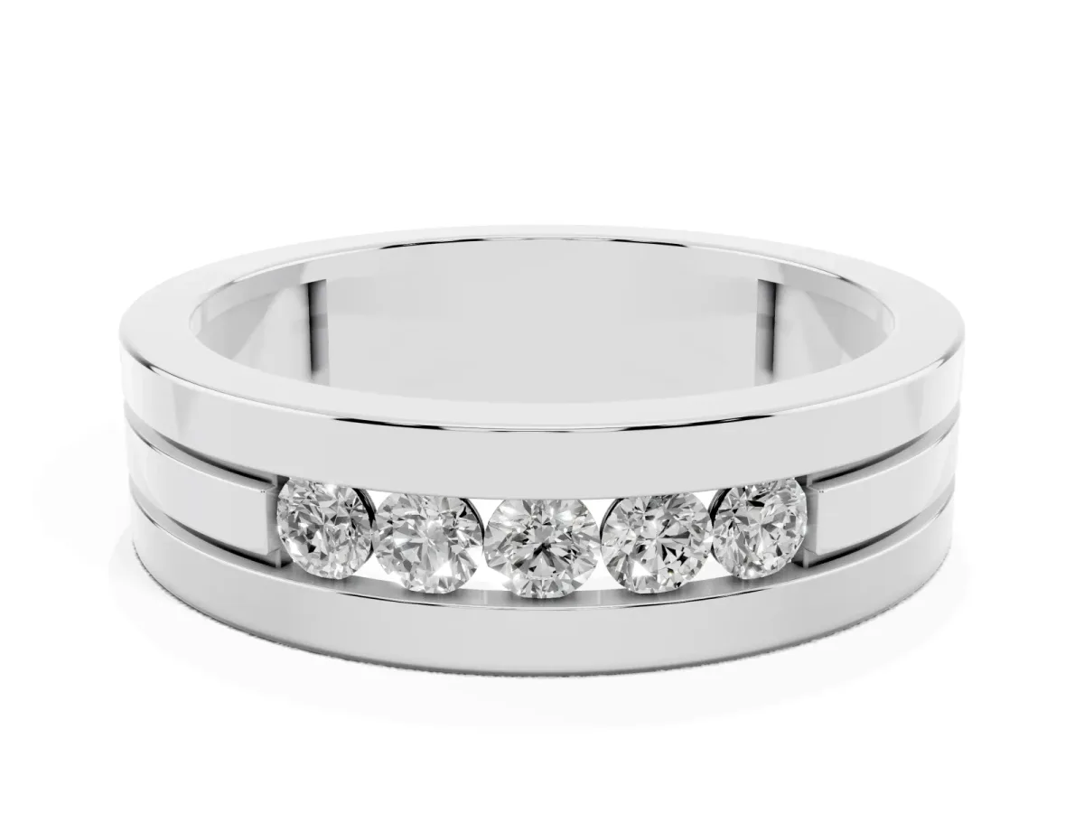 Round Diamond Five-Stone Channel Set Mens Band Silver