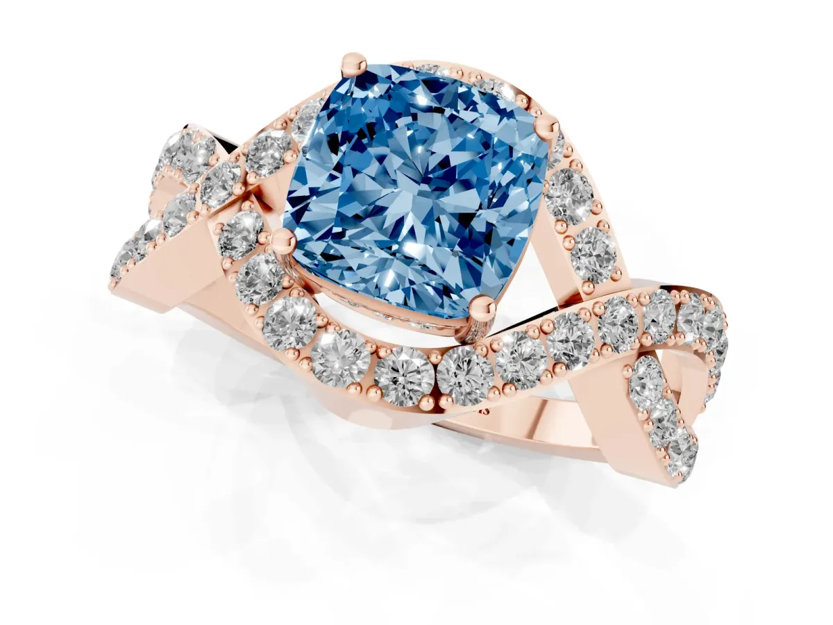 Fancy Blue Cushion Cut Solitaire Twist Band Pavé Diamond Engagement Ring Rose gold