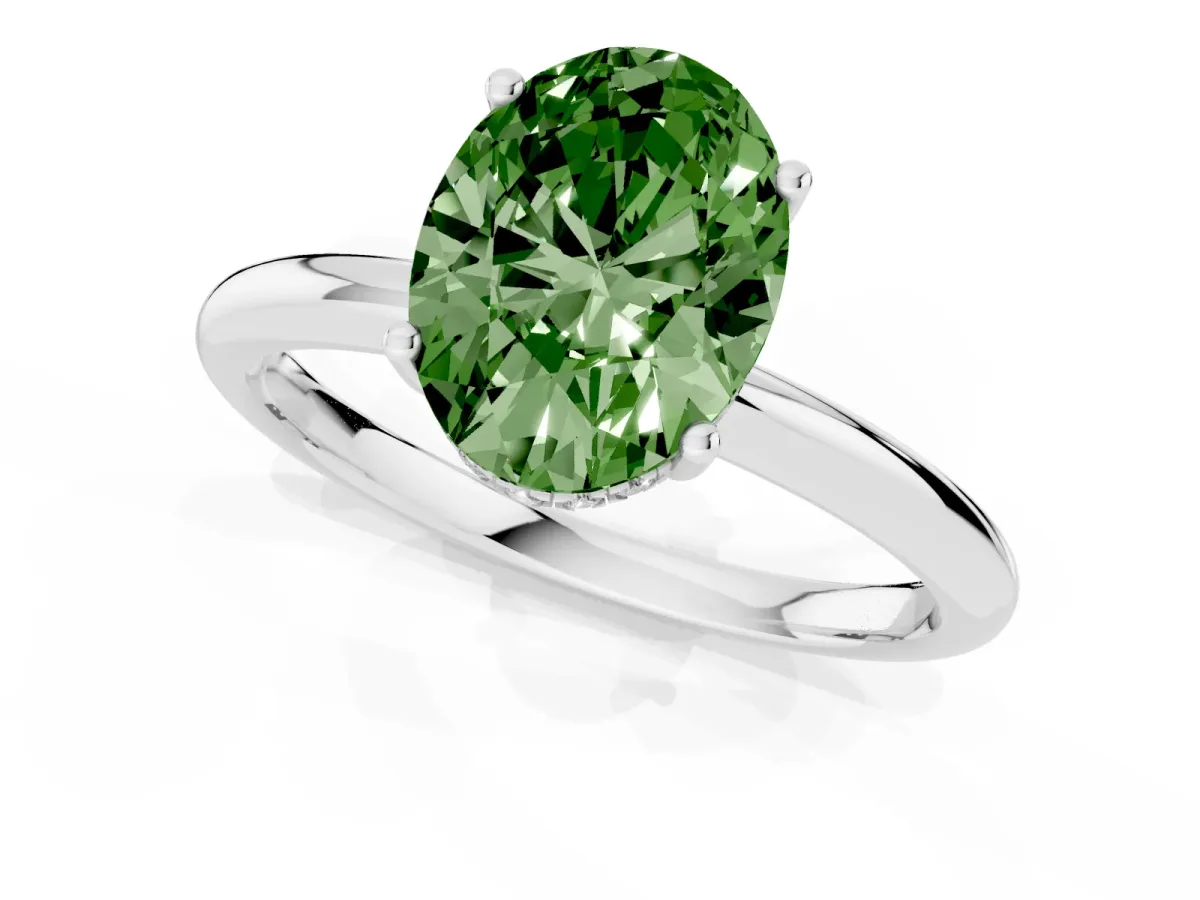 Fancy Green Oval Cut Cut Solitaire Engagement Ring with Four-Prong Setting and Classic Band Silver