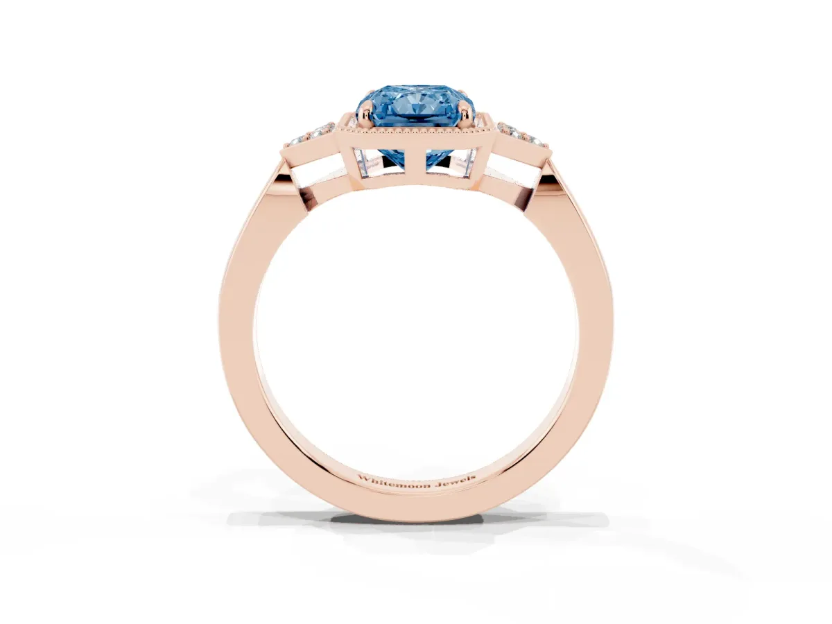 Fancy Blue Radiant Cut Diamond Halo Ring with Tapered Band and Four-Prong Setting Rose gold
