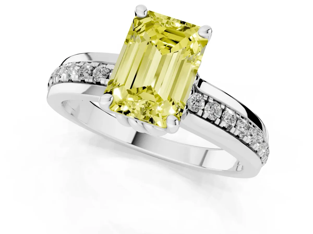Fancy Yellow Emerald Cut Solitaire Diamond Ring with Channel Set Band and Six-Prong Setting Silver