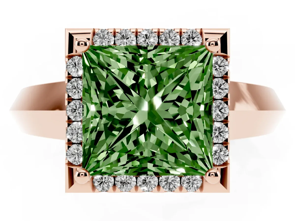 Fancy Green Princess Cut Halo Diamond Ring with Cathedral Band and Four-Prong Setting Rose gold