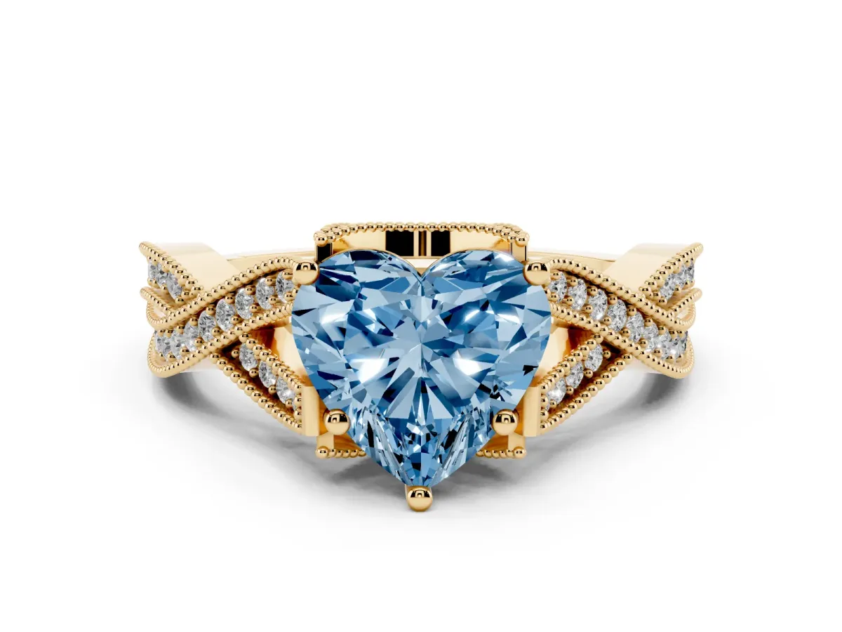 Fancy Blue Heart Cut Cut Diamond Twisted Band with Milgrain Pave Setting and Four-Prong Setting Yellow gold