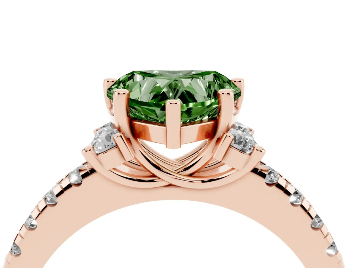 Fancy Green Heart Cut Diamond Three-Stone Pave Band with Four-Prong Setting Rose gold