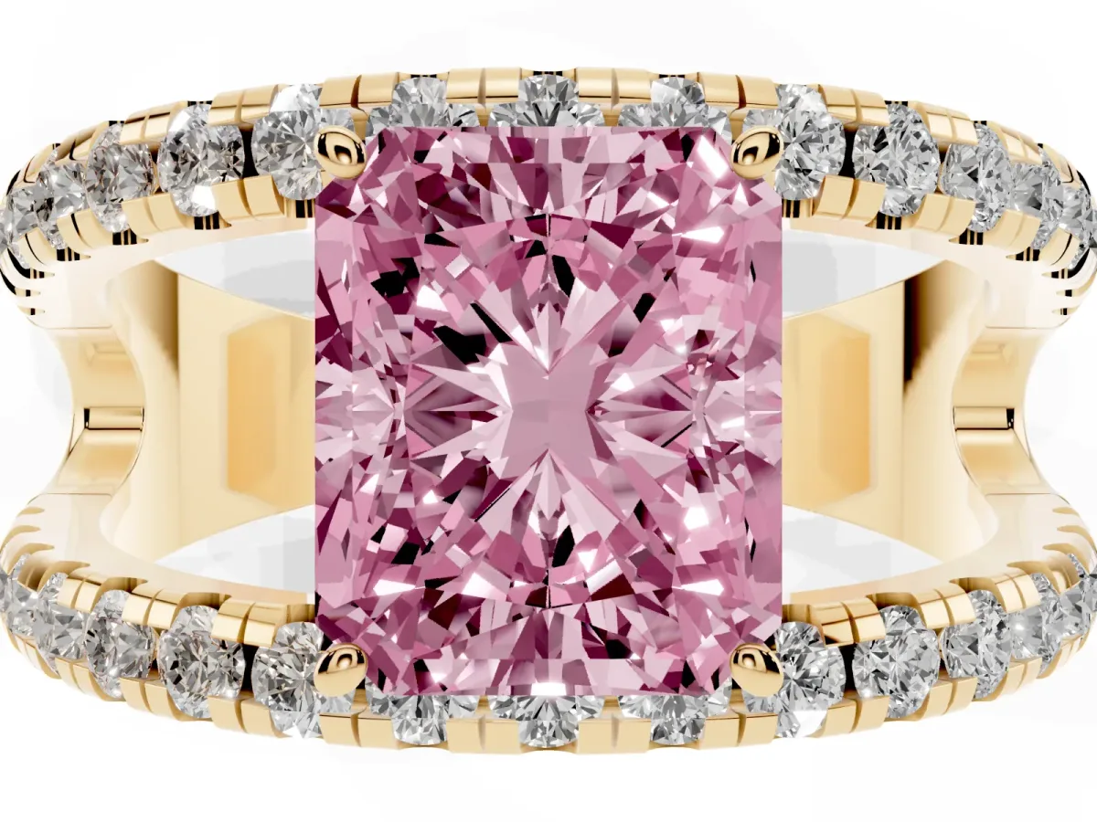 Fancy Pink Radiant Cut Solitaire Split Shank Pave Diamond Ring Yellow gold