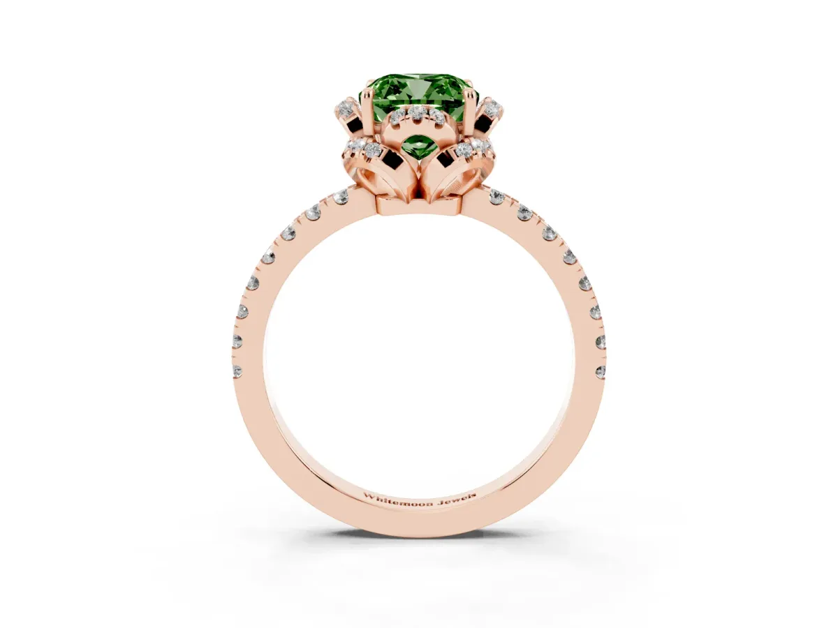 Fancy Green Cushion Cut Halo Diamond Pave Band Ring with Four-Prong Setting Rose gold