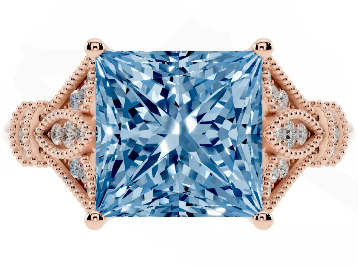 Fancy Blue Princess Cut Diamond Solitaire Ring with Floral Filigree and Pave Accents Rose gold