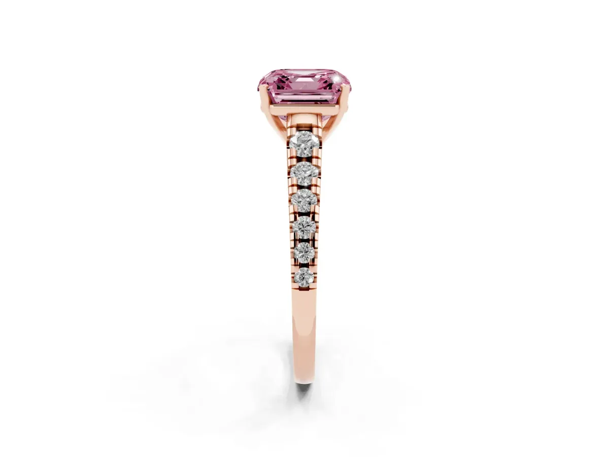 Fancy Pink Asscher Cut Diamond Cathedral Solitaire Ring with Round Pavé Band Rose gold
