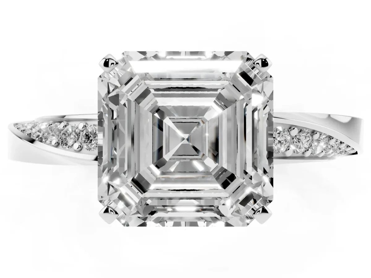 Asscher Cut Diamond Engagement Ring with Side Stone Accents and Four-Prong Setting Silver