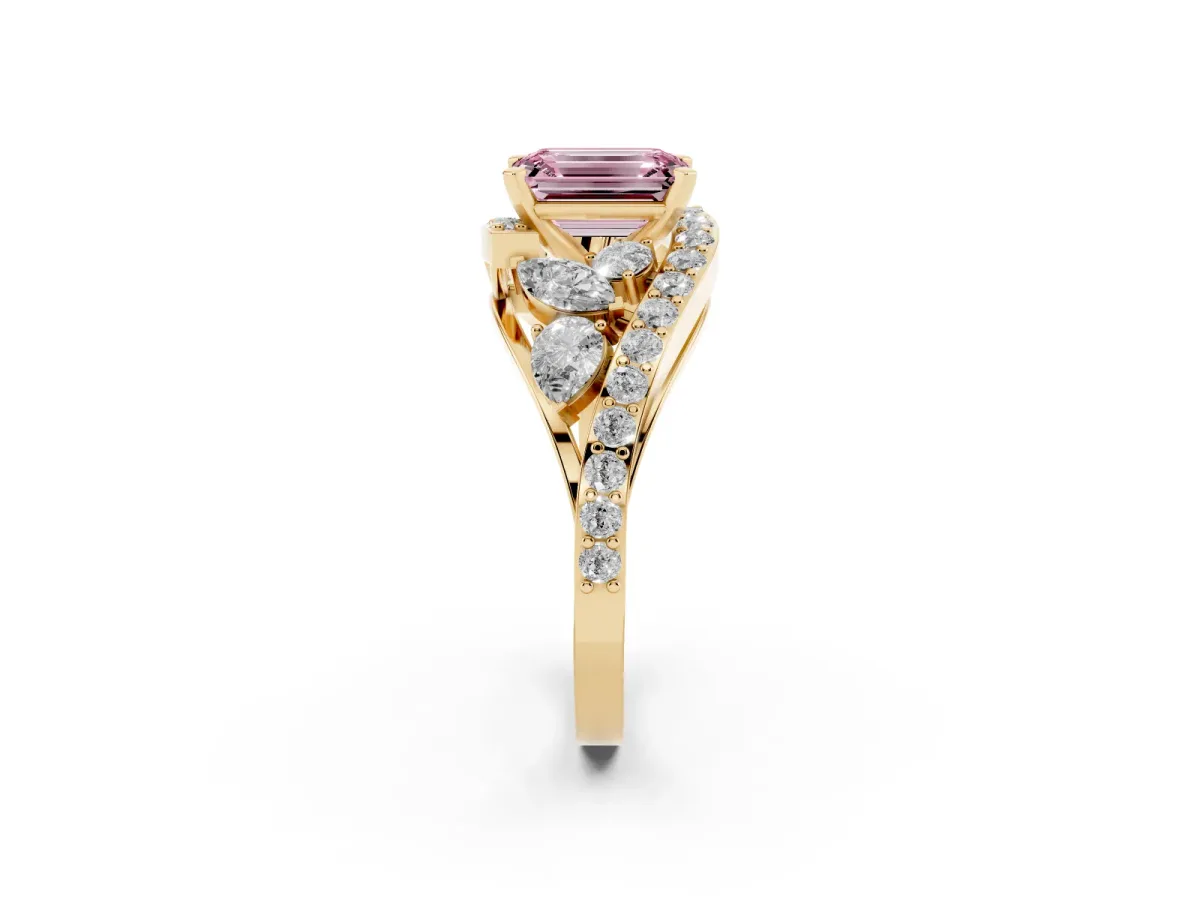 Fancy Pink Emerald Cut Diamond Halo Ring with Marquise and Pavé Band in Prong Setting Yellow gold