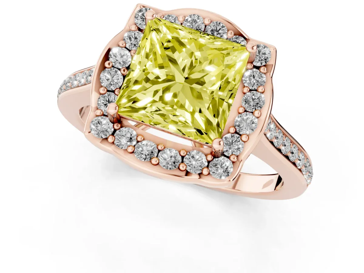 Fancy Yellow Princess Cut Halo Round Diamond Pave Band with Four-Prong Setting Rose gold