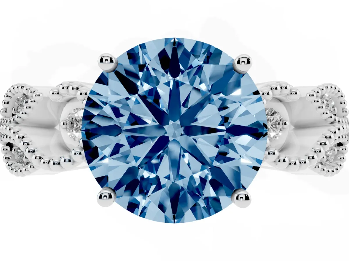 Fancy Blue Round Cut Solitaire Milgrain Leaf Band with Prong Setting Silver