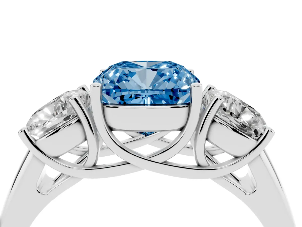 Fancy Blue Three-Stone Cushion Cut Diamond Engagement Ring with Prong Setting White gold