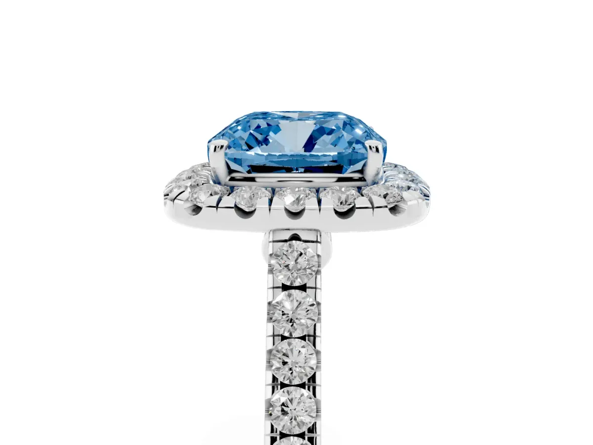 Fancy Blue Cushion Cut Halo Pave Diamond Engagement Ring with Four-Prong Setting Silver