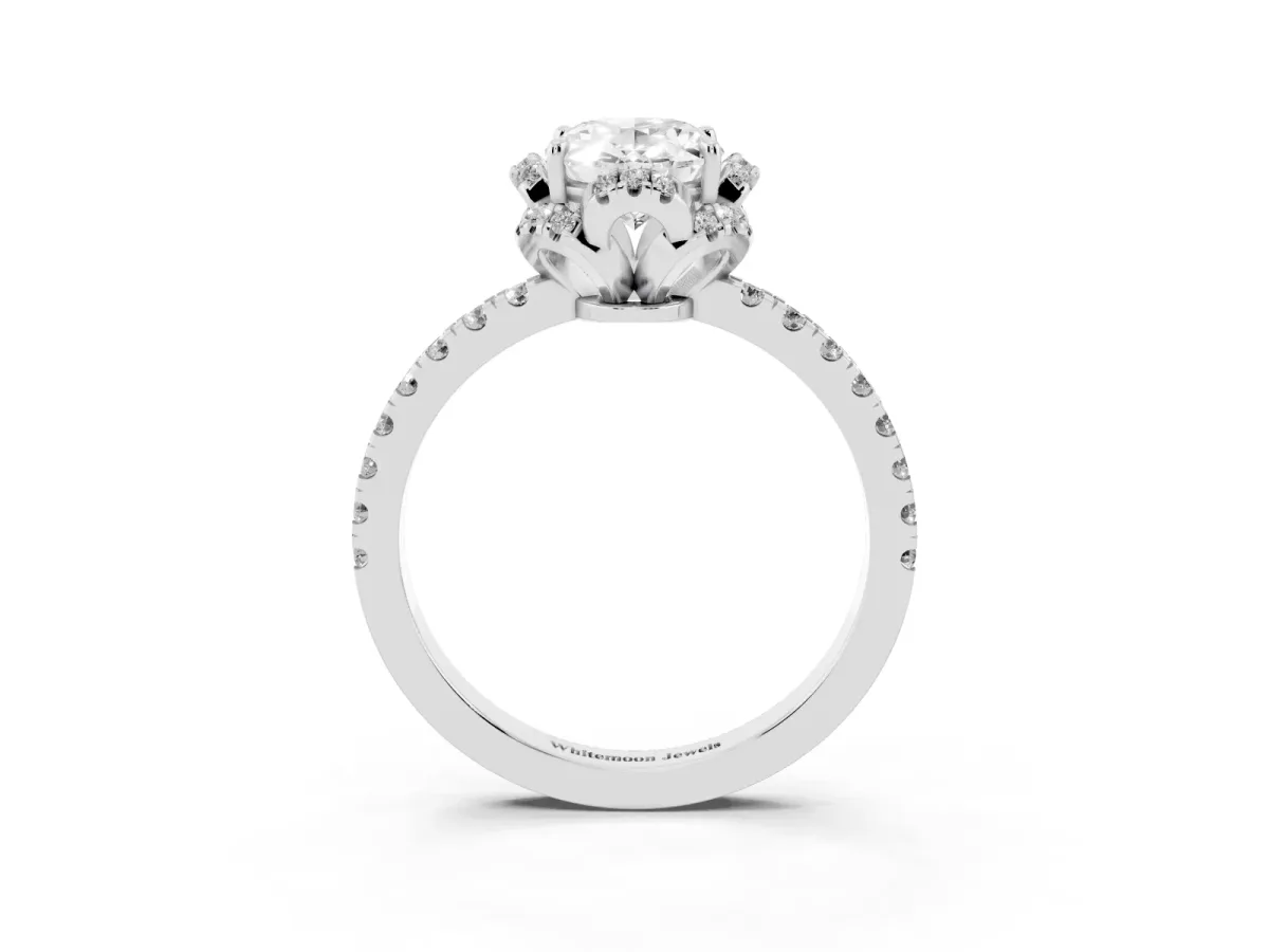 Oval Cut Halo Diamond Pave Band Ring with Four-Prong Setting Platinum