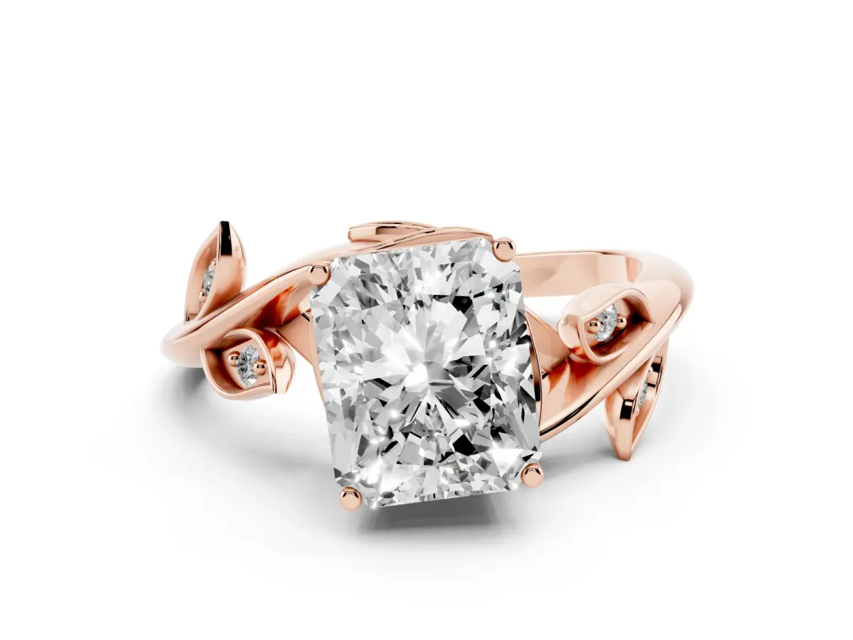 Radiant Cut Solitaire Twist Engagement Ring with Leaf Accents and Prong Setting Rose gold