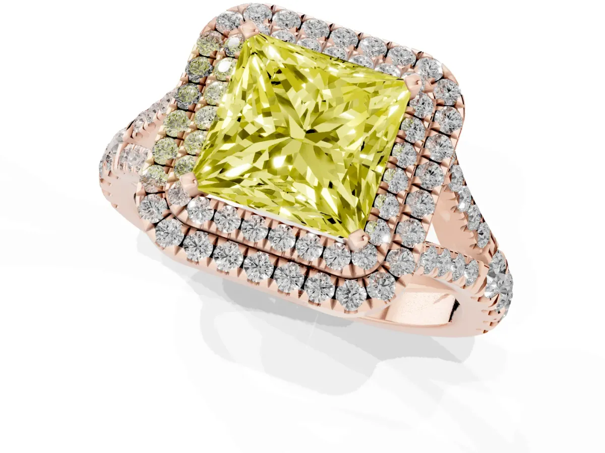 Fancy Yellow Double Halo Princess Cut Diamond Split Shank Engagement Ring with Four-Prong Setting Rose gold