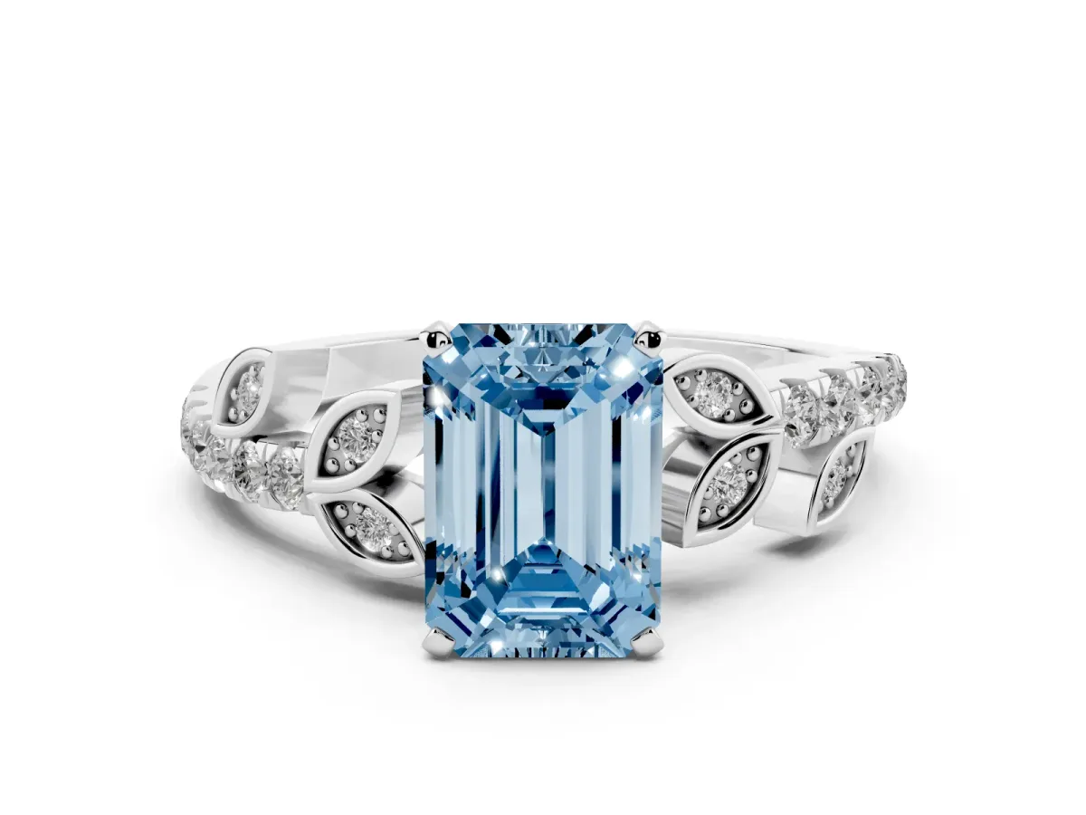 Fancy Blue Emerald Cut Solitaire Leaf-Inspired Diamond Ring with Pavé Band and Four-Prong Setting Silver