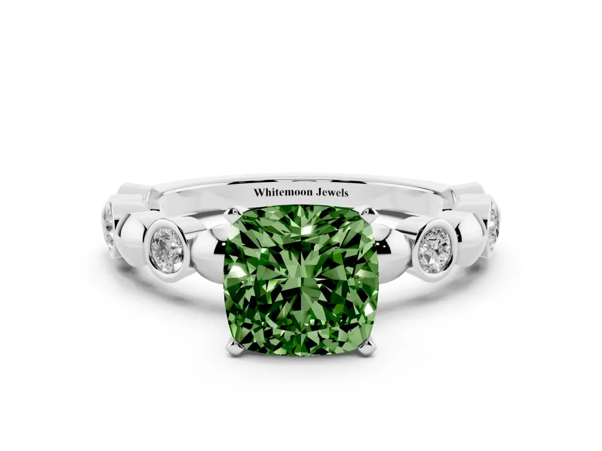 Fancy Green Cushion Cut Solitaire Bezel-Set Diamond Ring with Beaded Band and Four-Prong Setting Silver