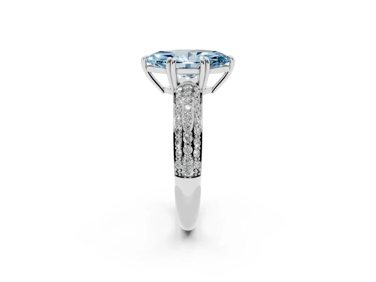 Fancy Blue Marquise Cut Diamond Solitaire Ring with Multi-Row Round Pavé Band and Prong Setting Silver